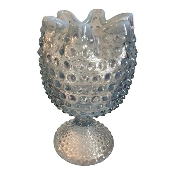 Vtg DUNCAN MILLER Blue Opalescent Glass Footed Vase hobnail 6.5" - Picture 2 of 6